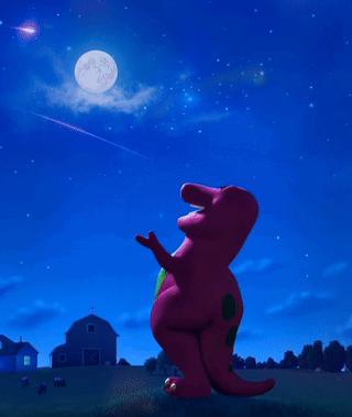 A Dinosaur Is Standing In A Field At Night Looking At The Moon GIF