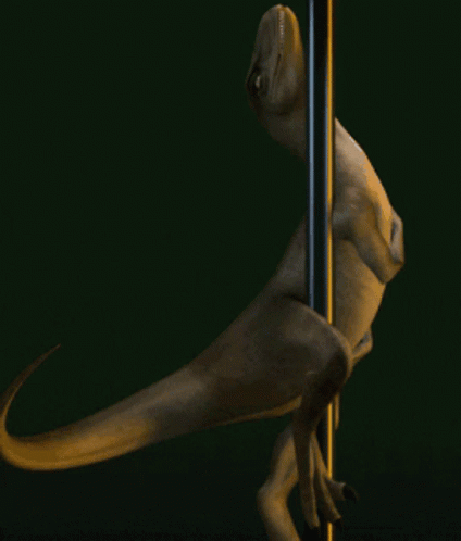 A Dinosaur Is Standing On A Pole With Its Head Up GIF