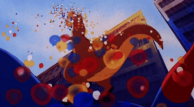 A Dinosaur Is Surrounded By Balloons And Confetti GIF