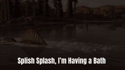 A Dinosaur Is Swimming In A Lake With The Words Splish Splash I 'M Having A Bath GIF