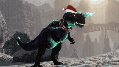 A Dinosaur Is Wearing A Santa Hat And A Collar GIF