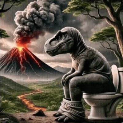 A Dinosaur Sits On A Toilet In Front Of A Volcano GIF