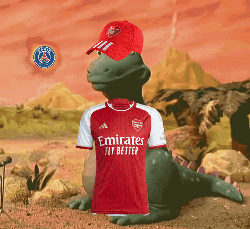 A Dinosaur Wearing An Emirates Fly Better Shirt GIF