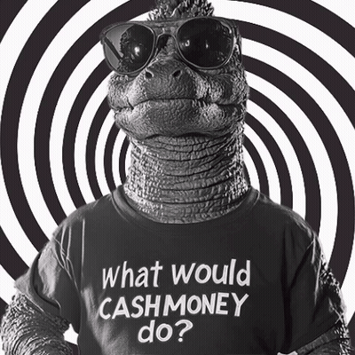 A Dinosaur Wearing Sunglasses And A T-Shirt That Says " What Would Cashmoney Do " GIF