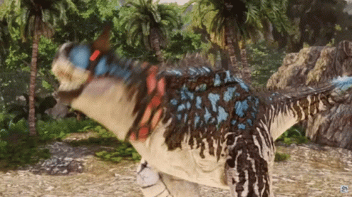 A Dinosaur With A Collar Around Its Neck Is Running In A Field GIF