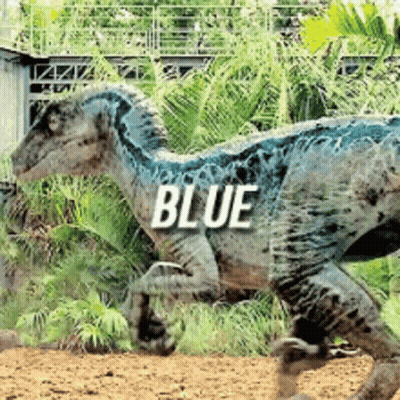 A Dinosaur With The Word Blue On It Is Running In The Dirt GIF