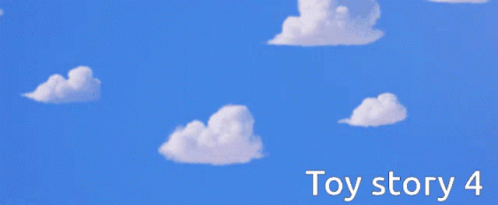 A Disney Pixar Toy Story 4 Poster With Clouds In The Background GIF