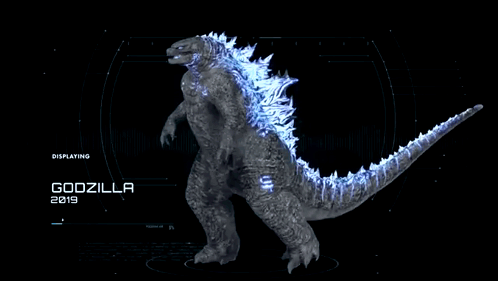 A Display Of A Godzilla From 2019 With A Black Background GIF