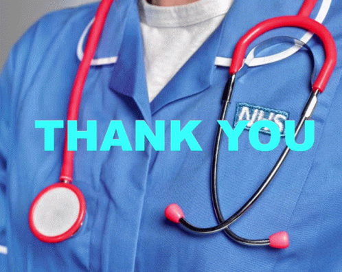 A Doctor With A Stethoscope Around His Neck And The Words Thank You Written In Blue GIF