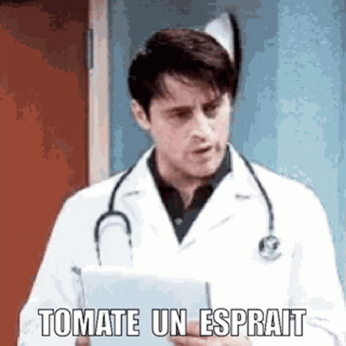 A Doctor With A Stethoscope Around His Neck Is Holding A Clipboard And Saying Tomate Un Esprat . GIF