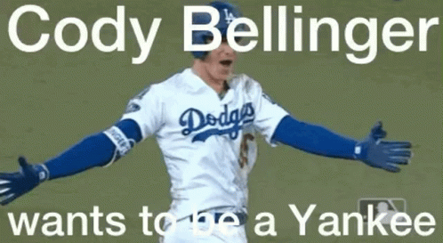 A Dodgers Player Is Being Hugged By Another Player With The Caption Cody Bellinger Wants To Be A Yankee GIF