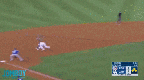 A Dodgers Player Is Sliding Into Base During A Game GIF