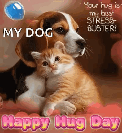 A Dog And A Kitten Are Hugging Each Other On A Happy Hug Day Card . GIF
