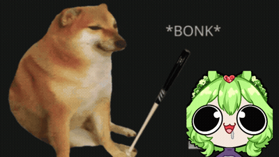 A Dog Holding A Baseball Bat Next To A Cartoon Girl With Green Hair That Says * Bonk * GIF