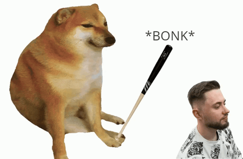 A Dog Holding A Baseball Bat Next To A Man With The Words * Bonk * On The Bottom GIF