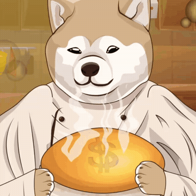 A Dog In A Chef 'S Coat Holds A Loaf Of Bread With A Dollar Sign On It GIF