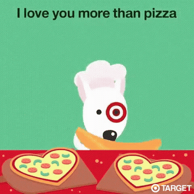 A Dog In A Chef 'S Hat Is Standing Next To A Table With Two Pizzas In The Shape Of Hearts . GIF