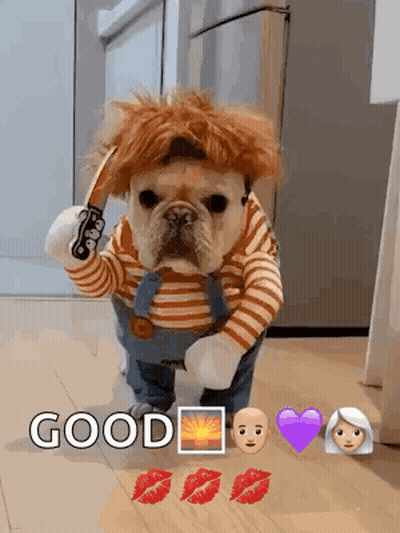 A Dog In A Chucky Costume Holding A Knife GIF