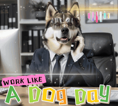 A Dog In A Suit And Tie Talking On A Cell Phone With The Words Work Like A Dog Day Below It GIF