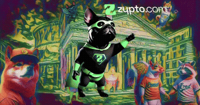 A Dog In A Superhero Costume Stands In Front Of A Building With The Website Zupto.com GIF