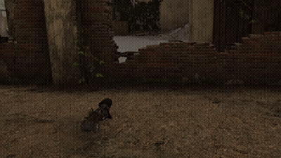 A Dog In A Wheelchair Is Standing In Front Of A Brick Wall With A Sign That Says ' A ' On It GIF