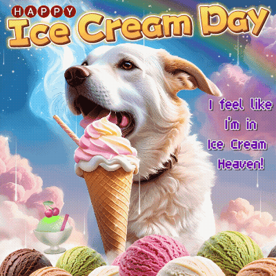 A Dog Is Eating An Ice Cream Cone With The Words Happy Ice Cream Day GIF