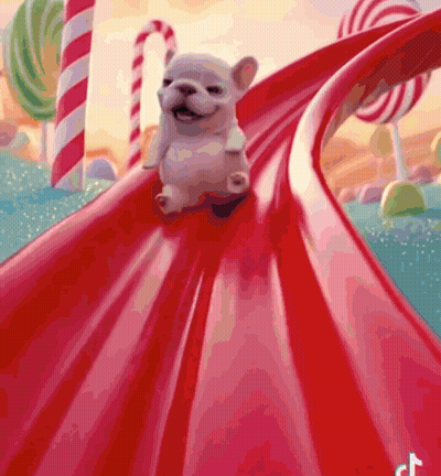 A Dog Is Going Down A Red Slide With Lollipops In The Background GIF