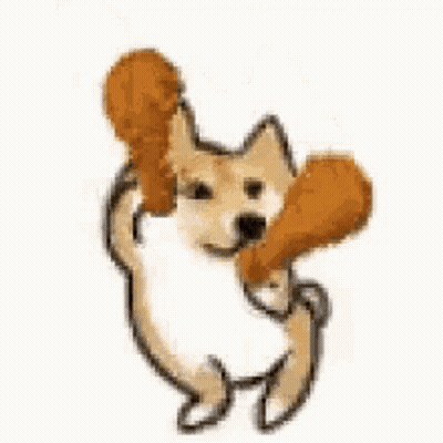 A Dog Is Holding A Piece Of Chicken In Its Mouth . GIF