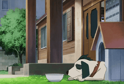 A Dog Is Laying In Front Of A House With A Bowl In Front Of It GIF