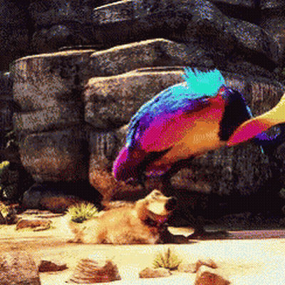 A Dog Is Laying On The Ground Next To A Colorful Bird GIF