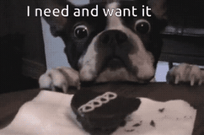 A Dog Is Looking At A Cupcake With The Words " I Need And Want It " Written Above It GIF
