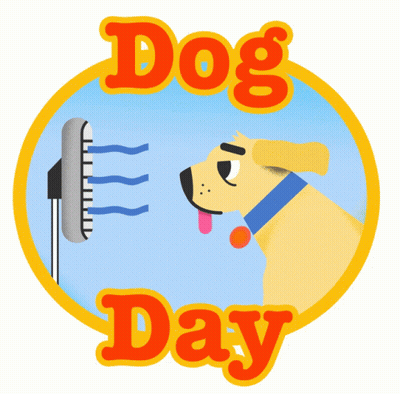 A Dog Is Looking At A Fan With The Words Dog Day Above It GIF