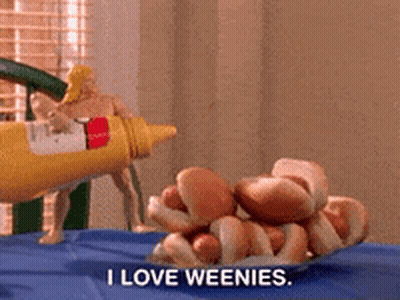 A Dog Is Pouring Mustard On A Bunch Of Hot Dogs With The Words I Love Weenies Below It GIF