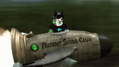 A Dog Is Riding A Rocket That Says Mutant Shiba Club On It GIF