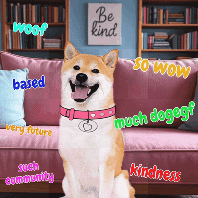 A Dog Is Sitting On A Pink Couch With Words Such As Woof Based Very Future And Such Community GIF