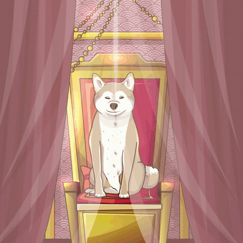 A Dog Is Sitting On A Throne In Front Of A Curtain GIF