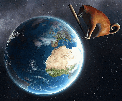 A Dog Is Sitting On Top Of The Earth With A Bat In Its Mouth GIF