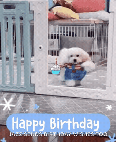 A Dog Is Standing In A Cage With A Birthday Cake And A Candle . GIF