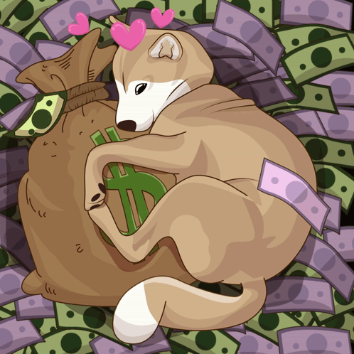 A Dog Laying On Top Of A Pile Of Money Holding A Dollar Sign GIF