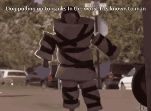 A Dog Pulling Up To Ganks In The Worst Fits Known To Man On A Street GIF