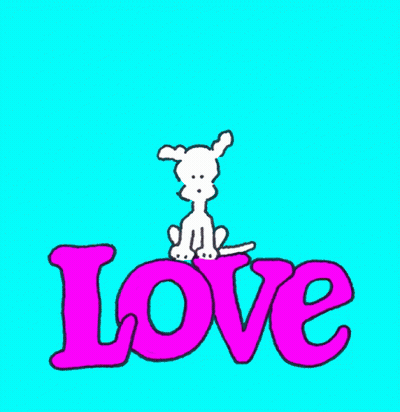 A Dog Sits On Top Of The Word Love On A Yellow Background GIF