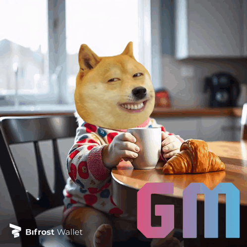 A Dog Sitting At A Table With A Cup Of Coffee And A Croissant GIF
