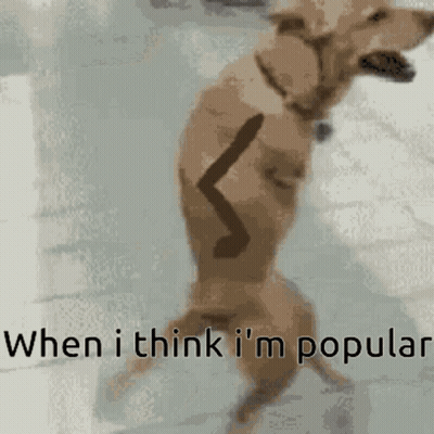 A Dog Standing On Its Hind Legs With The Words When I Think I 'M Popular Written Below It GIF