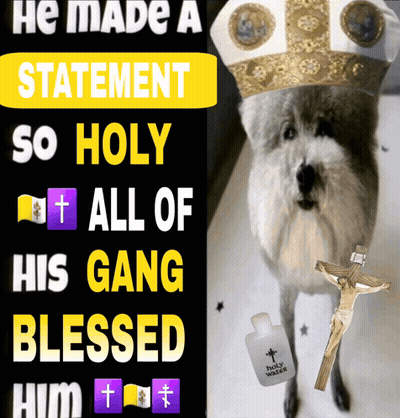 A Dog Wearing A Bishop 'S Hat Is Next To A Bottle Of Holy Water And A Cross GIF