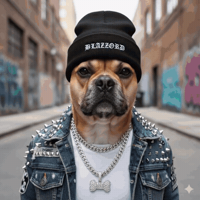 A Dog Wearing A Black Beanie With Blazzard On It GIF