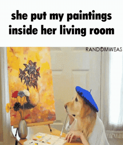 A Dog Wearing A Blue Beret Is Sitting At A Table Painting GIF