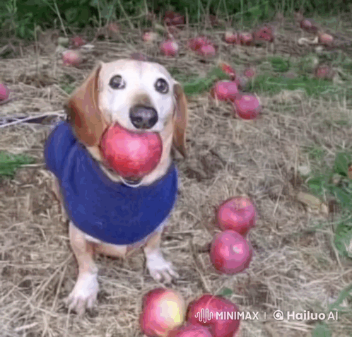 A Dog Wearing A Blue Shirt Is Holding An Apple In Its Mouth .. GIF