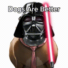 A Dog Wearing A Darth Vader Helmet And Tie Holding A Red Light Saber GIF