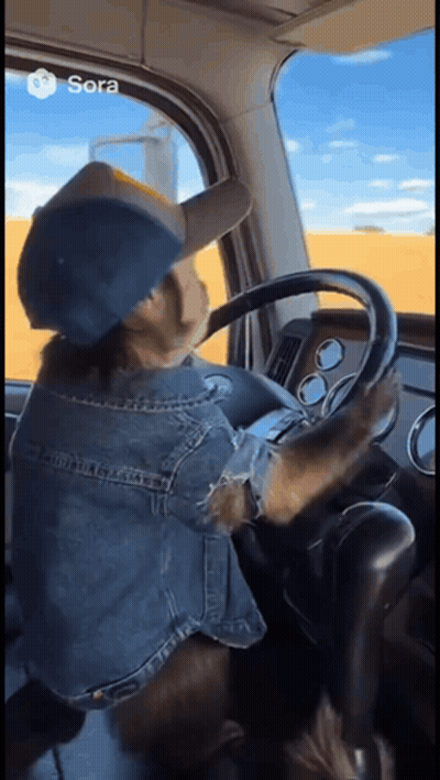 A Dog Wearing A Hat And Denim Jacket Is Driving A Truck .. GIF
