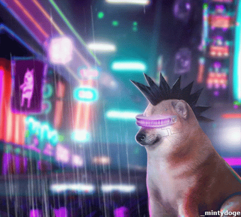 A Dog Wearing A Mohawk And Futuristic Glasses With The Name Mintydoge On The Bottom Right GIF